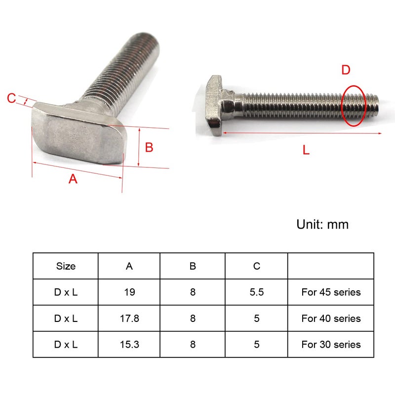 Faspiroty 20Pcs M6x25 304 Stainless Steel T-Slot Bolt 30 Series Aluminum Profile T-Shaped Screw Bolt Fastener 15.3mm Head Size - Image 4